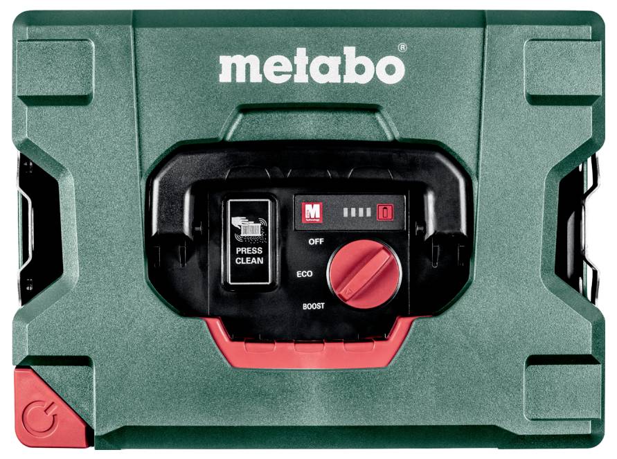 Un étui à outils Metabo vert et noir présentant un panneau de commande avec des boutons étiquetés « Press Clean », « Arrêt », « Éco », « Boost » et des icônes de puissance.