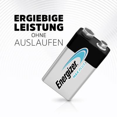Pile avec l'inscription 'Energizer Max Plus', à côté du texte 'Performance durable sans fuite'.