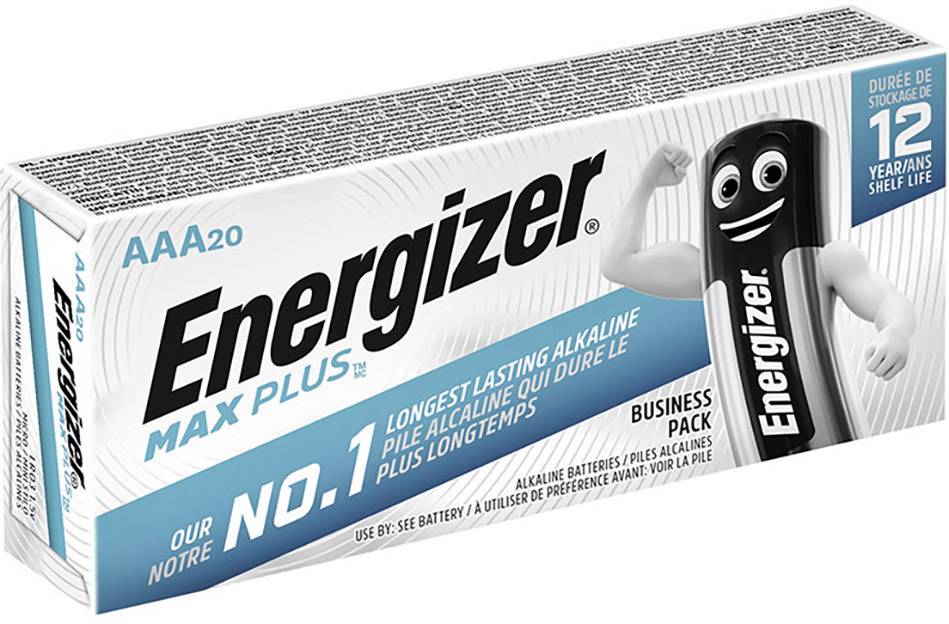 Emballage de piles alcalines Energizer AAA, pack de 20. Point fort : « N° 1 des piles alcalines les plus longues durées ». Durée de conservation de 12 ans.