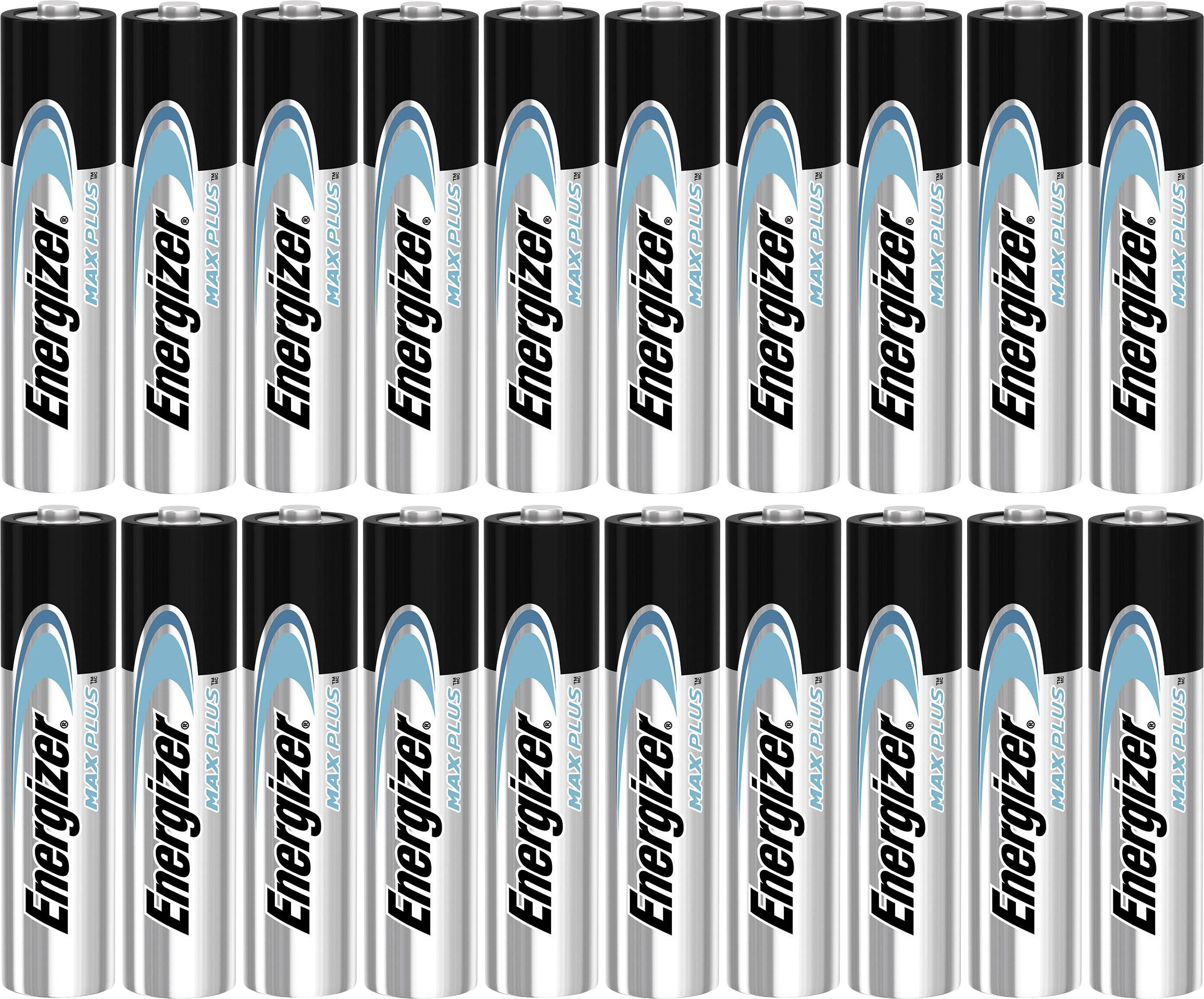 Plusieurs piles AA Energizer disposées en quatre rangées. Boîtier argenté avec impression noire et turquoise.