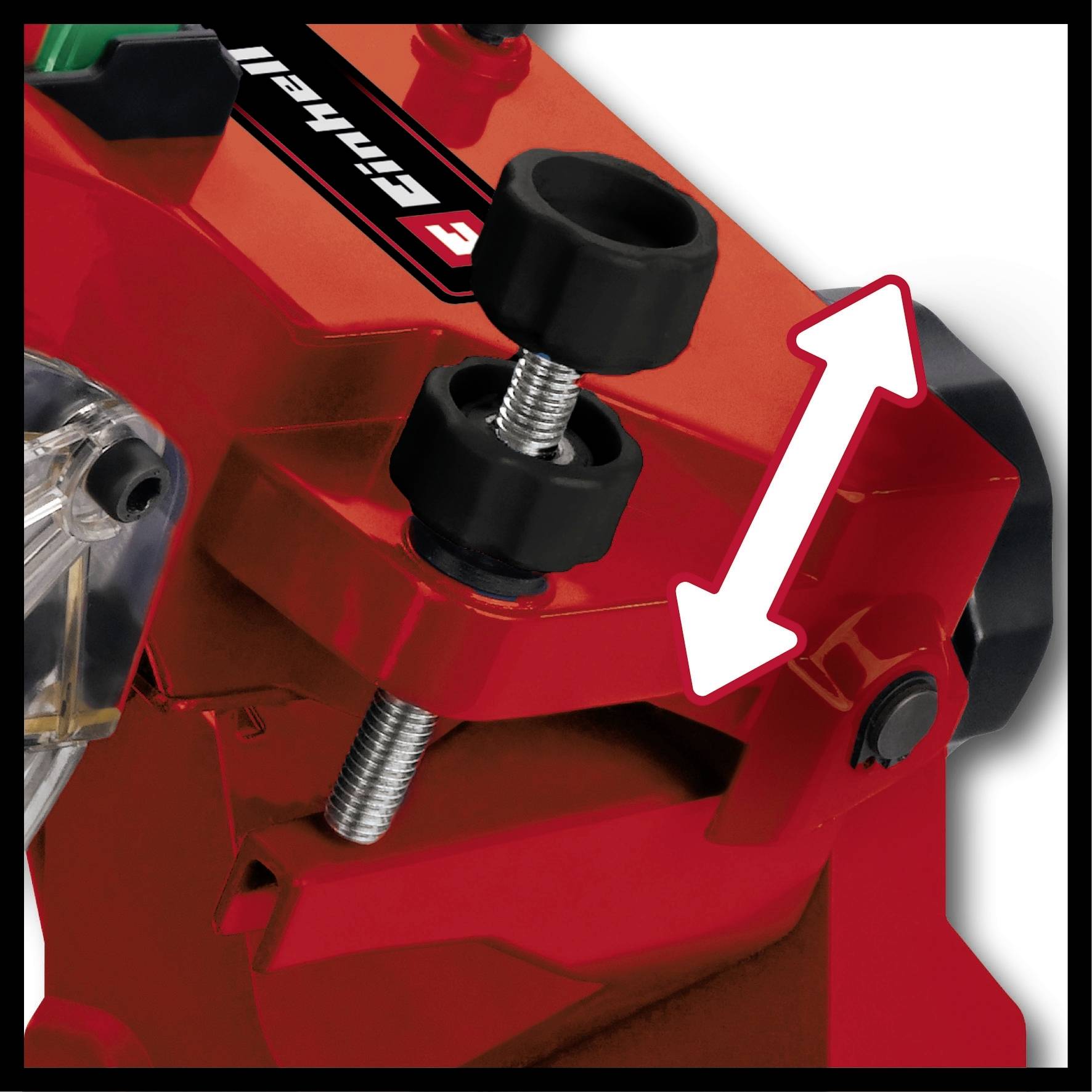 Machine de couleur rouge avec deux vis noires et une flèche blanche indiquant un changement de direction.