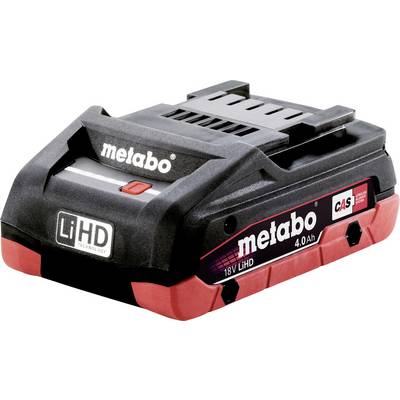 Batterie rechargeable Metabo 18V LiHD 4.0Ah en noir et rouge.