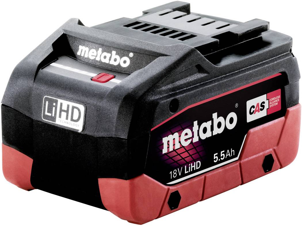 Batterie Metabo 18V LiHD 5,5Ah en noir et rouge avec marquage CAS.