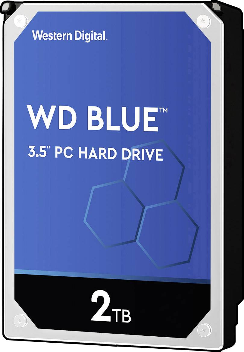 Un disque dur Western Digital WD Blue de 3,5 pouces pour PC avec une capacité de stockage de 2 To.