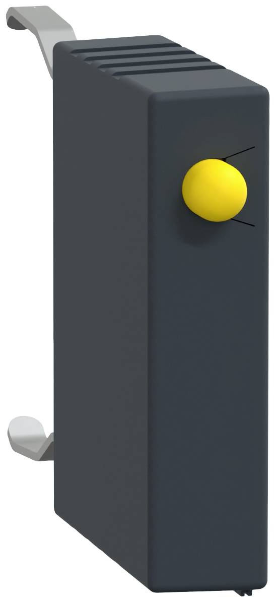 Objet noir rectangulaire avec un bouton jaune sur la face avant. Se trouve en position verticale, muni de deux crochets métalliques en haut et en bas.