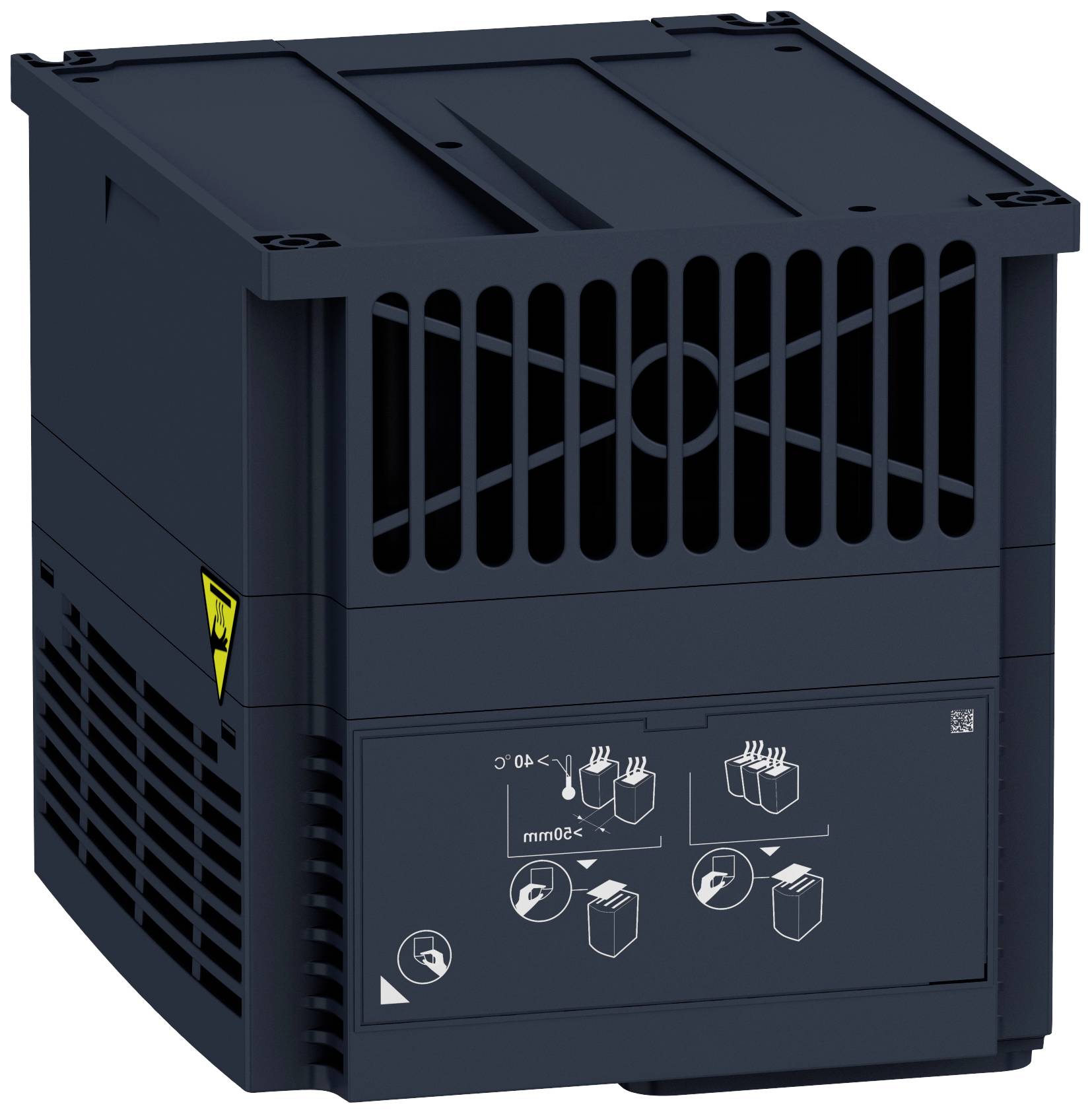 Un dissipateur thermique noir avec grille de ventilation et avertissement technique. Des symboles indiquent les instructions de montage.