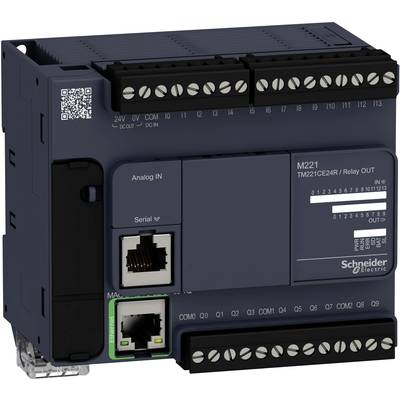 Un automate M221 gris de Schneider Electric avec plusieurs connexions et entrées, adapté aux applications de contrôle industriel.