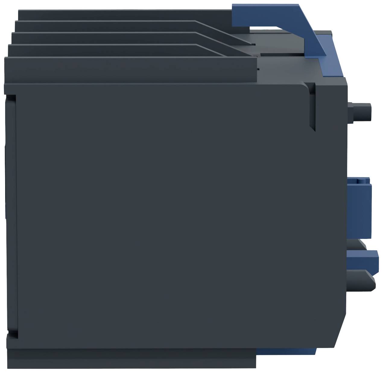 Un boîtier rectangulaire gris avec des éléments bleus et une surface nervurée, vu de côté.