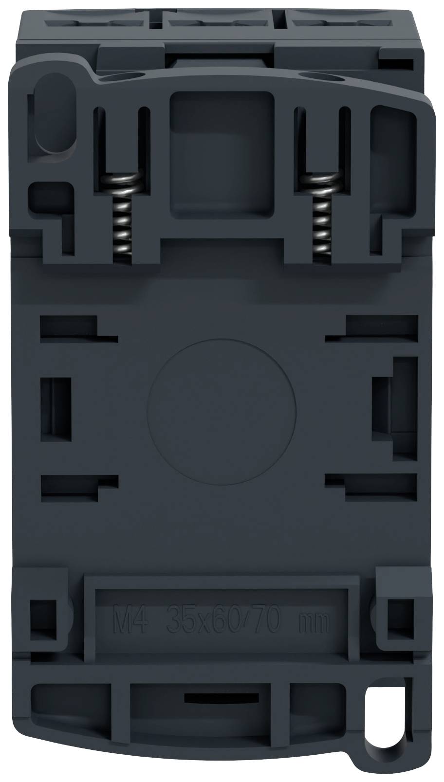 Un bloc de contact électrique noir avec des ressorts et des supports, de forme rectangulaire, adapté pour un montage sur rail.