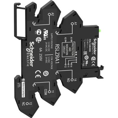 Module relais Schneider Electric RSLZ. Boîtier noir avec spécifications techniques et logos.