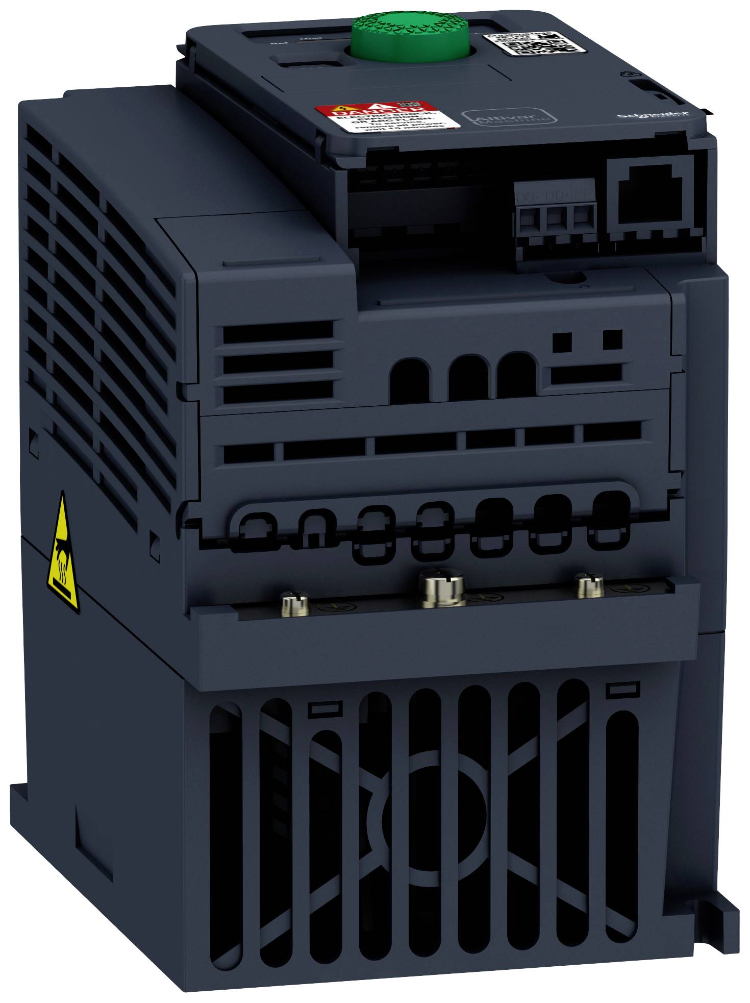 Un variateur de fréquence compact, gris, avec des fentes de ventilation, des bornes de connexion et un bouton vert sur le dessus ; utilisé pour commander des moteurs.