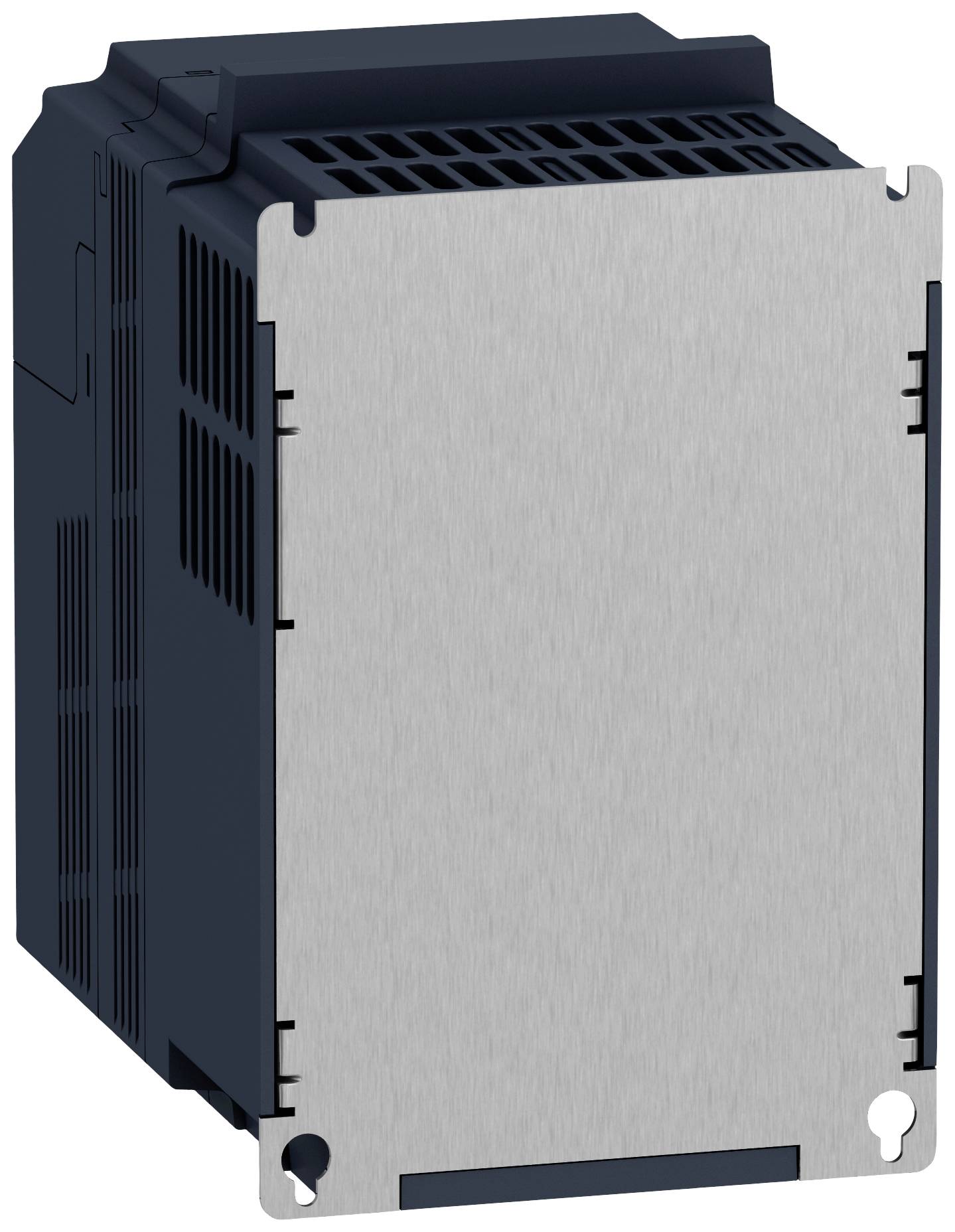 Composant électrique avec boîtier métallique rectangulaire, fentes de ventilation et points de fixation, adapté aux applications industrielles.