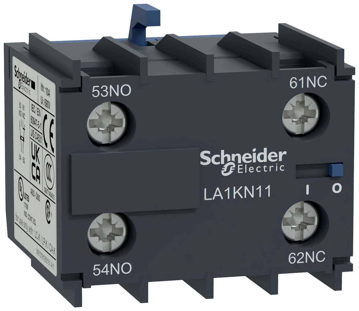 Contacteur électrique noir de Schneider Electric, modèle LA1KN11, avec quatre bornes de connexion, étiquettes et logo de l'entreprise.
