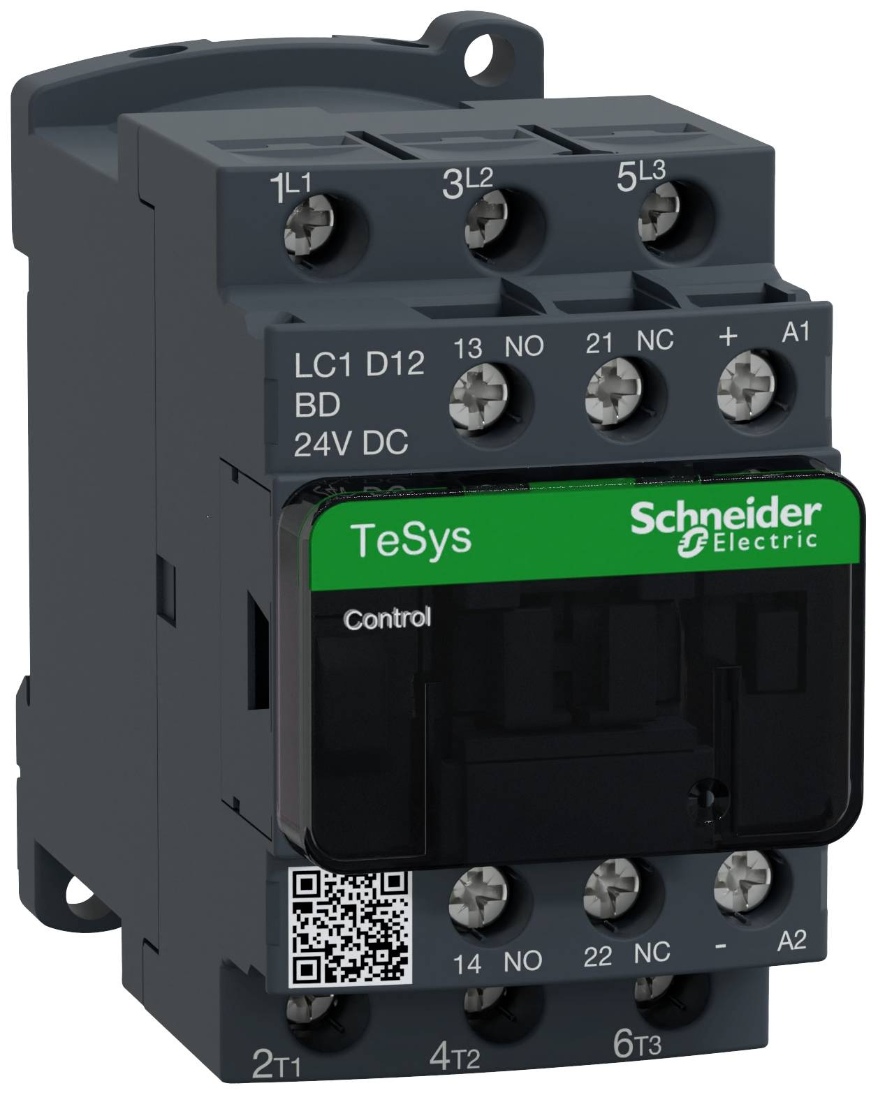 Contacteur de puissance noir de Schneider Electric avec étiquetage vert 'TeSys' et 'Control', bornes supérieures et inférieures visibles.