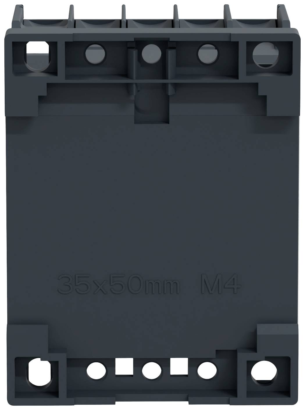 Une boîte en plastique grise avec plusieurs ouvertures et marquages '35x50mm M4'. Adaptée pour la fixation dans des applications techniques.
