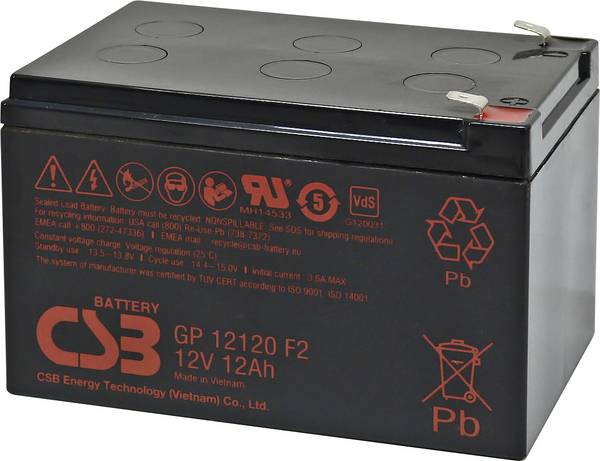 CSB Battery GP 12120 Standby USV GP12120F2 Batterie au plomb 12 V 12 Ah plomb (AGM) (l x H x P) 151 x 100 x 98 mm cosses plates 6,35 mm sans entretien, auto-décharge réduite, certification VdS