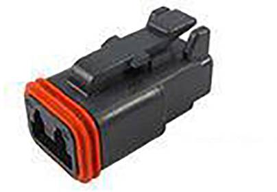 Prise noire avec joint d'étanchéité orange, forme rectangulaire, deux contacts visibles. Adaptée pour les connexions électriques.