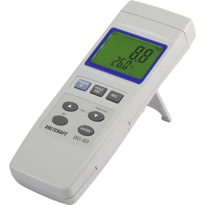Un appareil de mesure numérique affiche '89' et '22,0°C' sur un écran vert. Il comporte plusieurs touches : Power, Hold, Rec, Set, Enter.