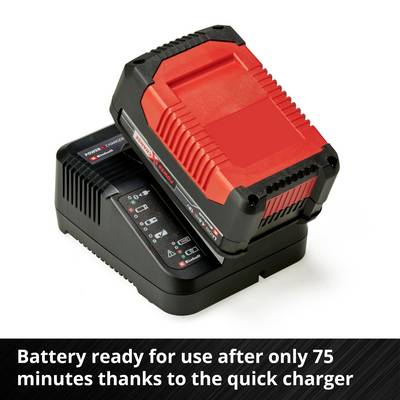 Une batterie lithium-ion rouge sur un chargeur. Texte : 'Batterie prête à l'emploi après seulement 75 minutes grâce au chargeur rapide'.