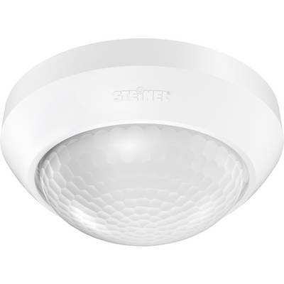 Un détecteur de mouvement rond et blanc avec un couvercle texturé et l'inscription 'STEINEL' en haut.