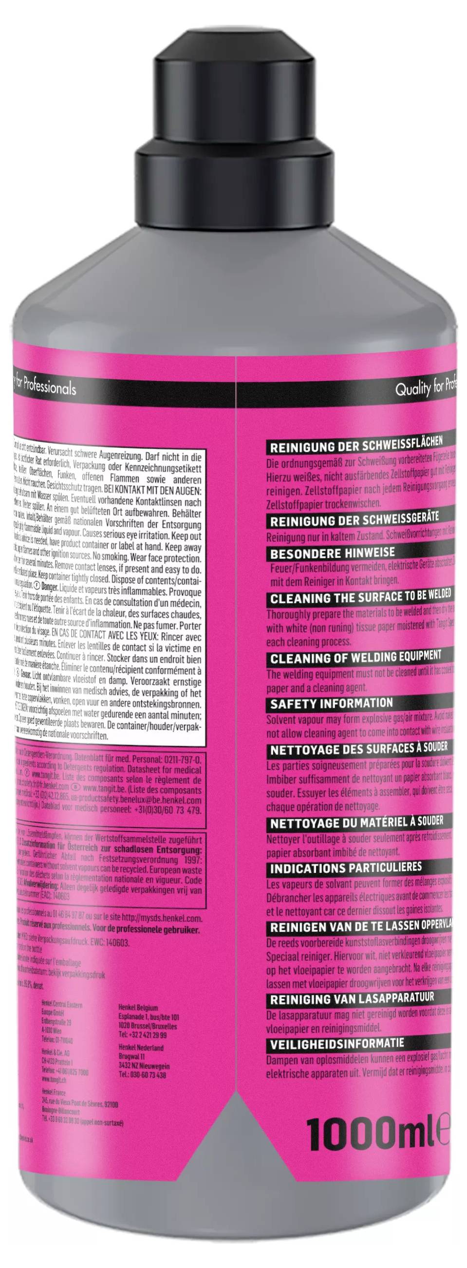 Une bouteille de pulvérisation grise avec une étiquette rose, des instructions de nettoyage chimique en plusieurs langues, inscription '1000 ml' en bas.