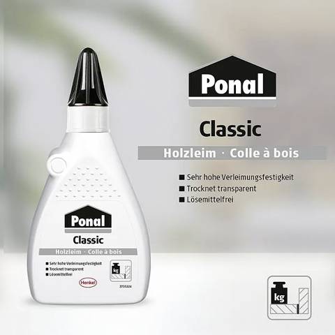 Une bouteille blanche de colle à bois Ponal Classic, présentant du texte en allemand et en français. Les avantages du produit comprennent une forte adhérence et une transparence.