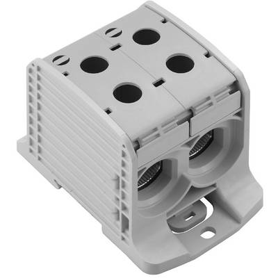 Un connecteur en plastique gris avec quatre ouvertures de raccordement circulaires, adapté pour les connexions électriques.