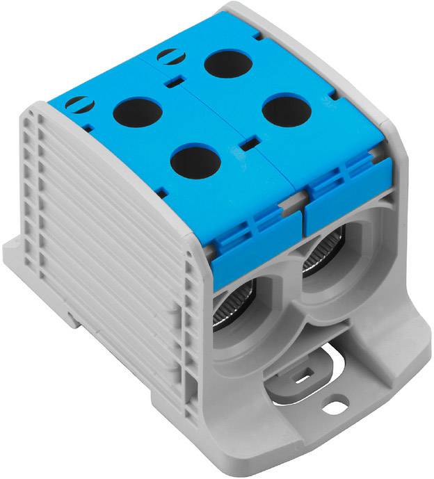 Une borne de connexion bipolaire en plastique grise et bleue avec fixation par vis, adaptée au câblage électrique.