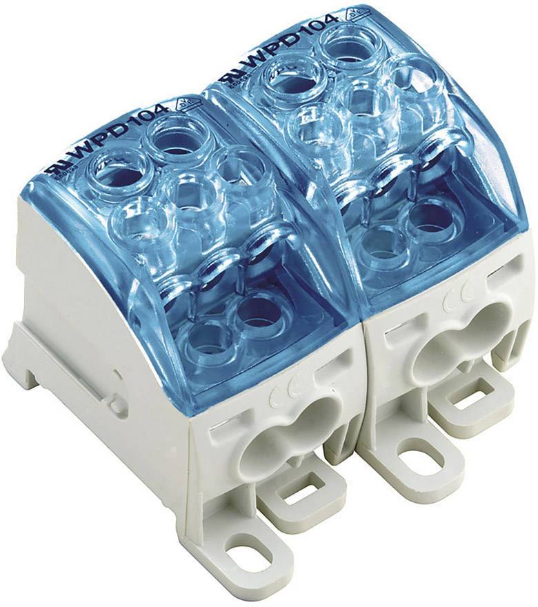Un bloc de connexion bleu double, adapté pour le câblage électrique, sur un fond blanc.
