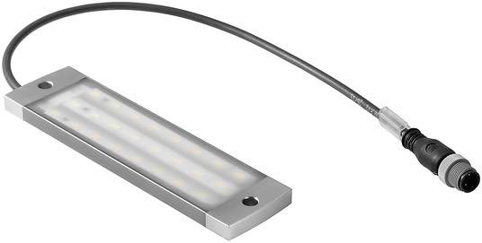 Lampe LED rectangulaire avec boîtier métallique et câble intégré, adaptée aux applications industrielles ou à l'éclairage de machines.