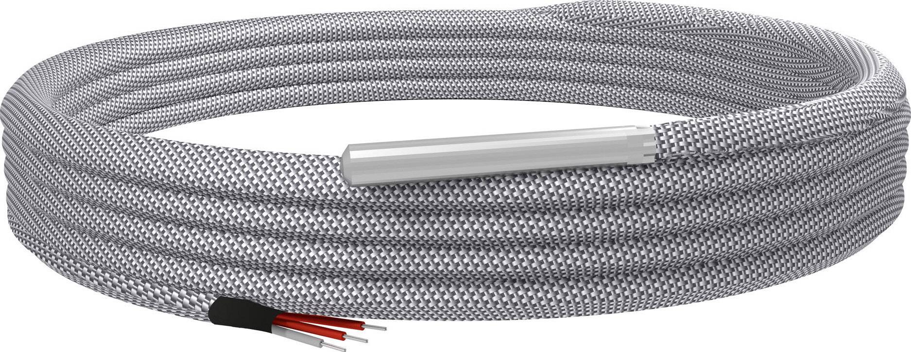 Câble de chauffage gris avec des conducteurs internes rouges et blancs visibles à une extrémité, utilisé pour des applications de chauffage.