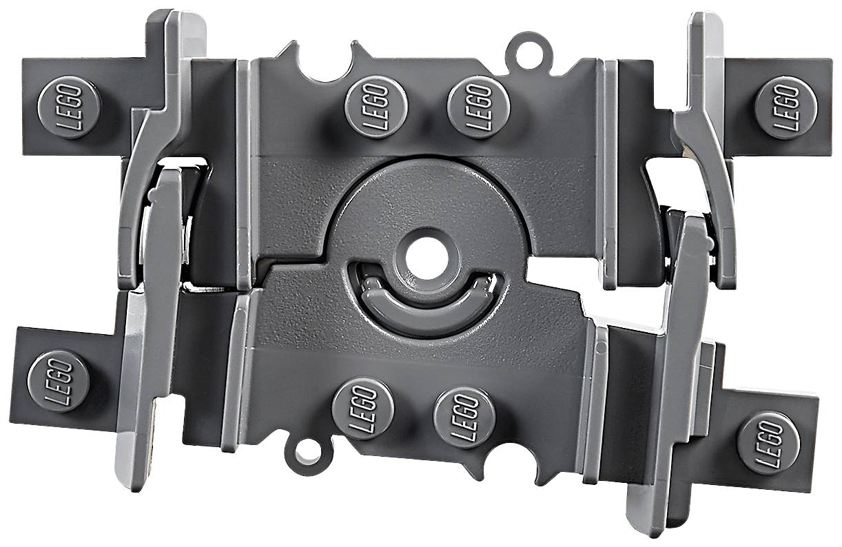 Pièce technique LEGO grise avec des points de connexion ronds et plusieurs emblèmes LEGO. Principalement utilisée pour des constructions techniques.