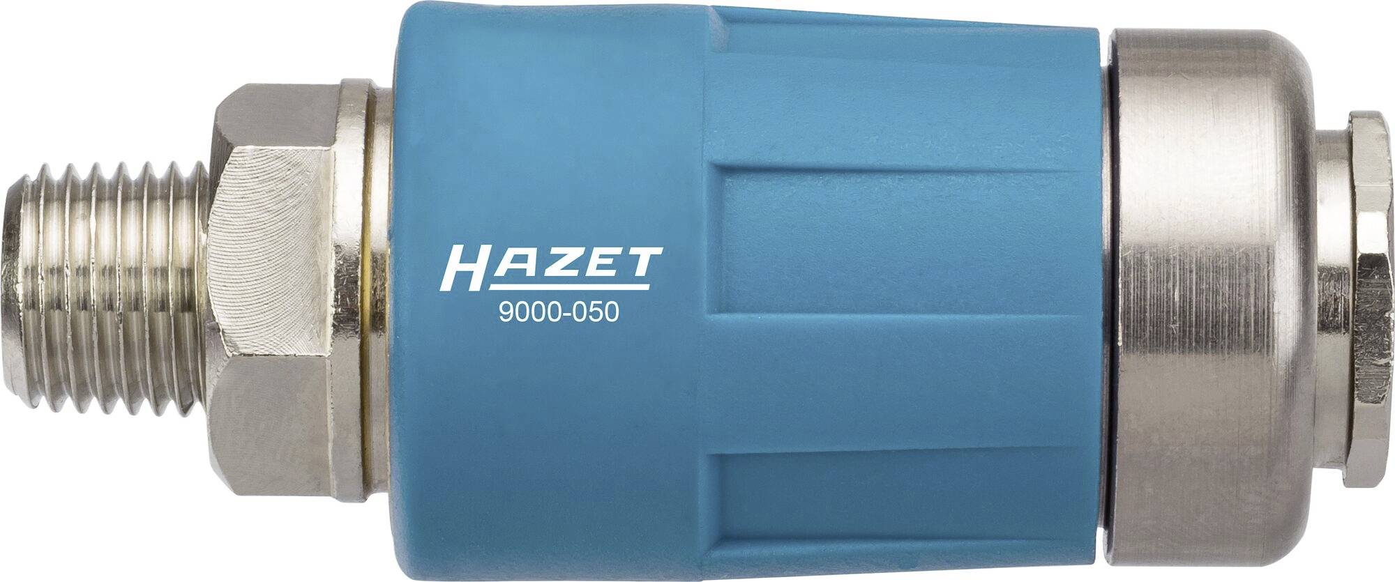 Raccord rapide bleu Hazet avec connexion métallique, numéro de modèle 9000-050, adapté aux systèmes à air comprimé.