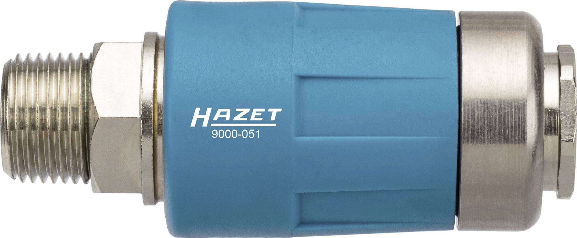 Cette image présente un raccord rapide pratique de couleur bleue de la marque Hazet, numéro de modèle 9000-051.