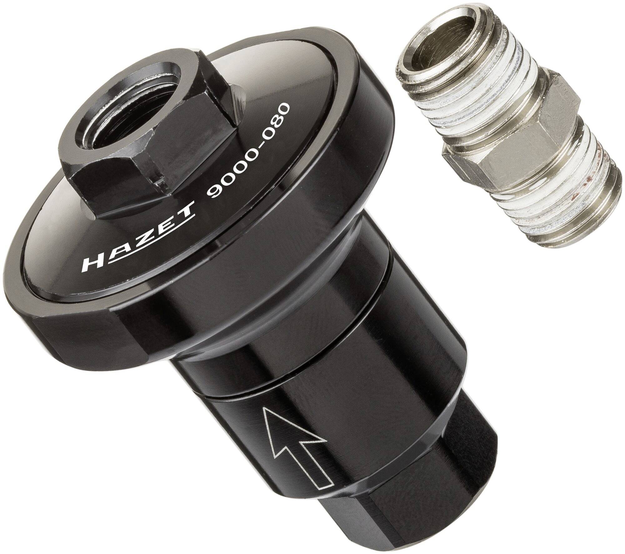 'Kit de pièces de rechange comprenant un adaptateur noir en métal portant l'inscription Hazet 9000-080 et un raccord argenté.'