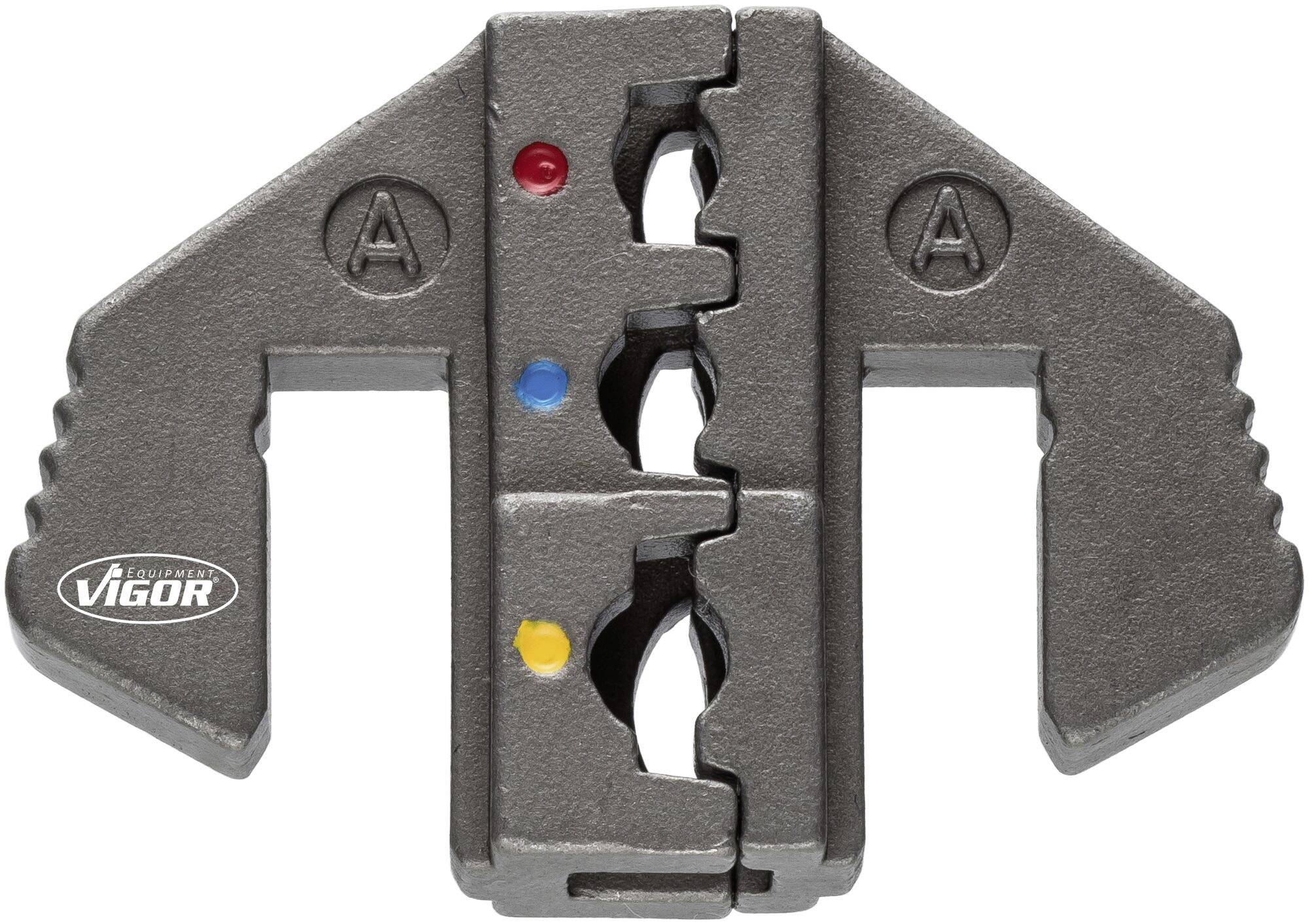 Accessoire d'outils noir avec trois marquages colorés (rouge, bleu, jaune) au centre, logo de marque 'VIGOR' en bas à gauche.