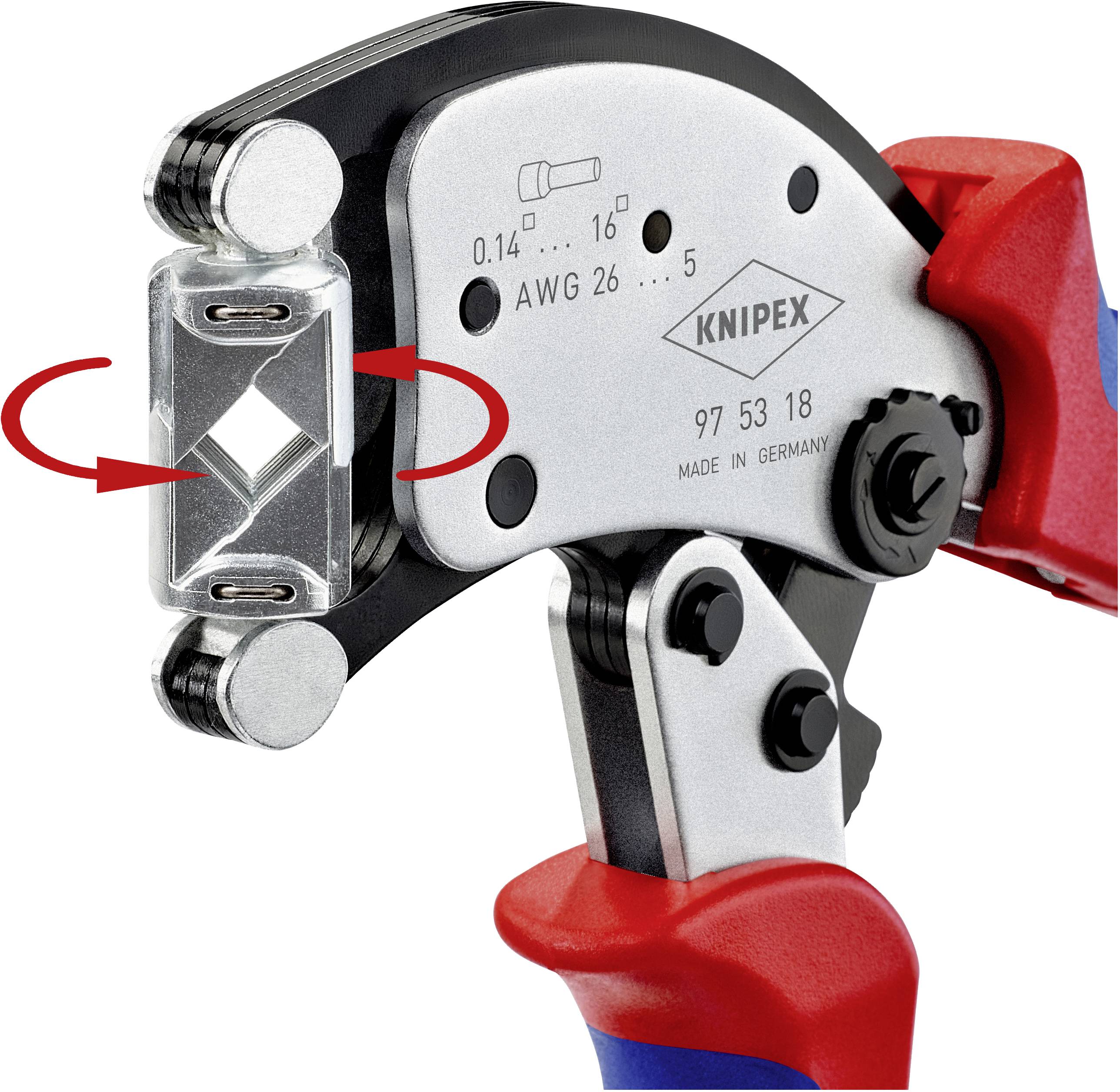 Pince à sertir avec poignées rouge et bleu et tête d'outil métallique rotative, adaptée au sertissage de câbles.