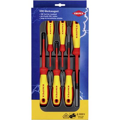 'Ensemble d'outils KNIPEX VDE, isolé, comprenant cinq tournevis et un testeur de tension dans un emballage rouge et jaune.'