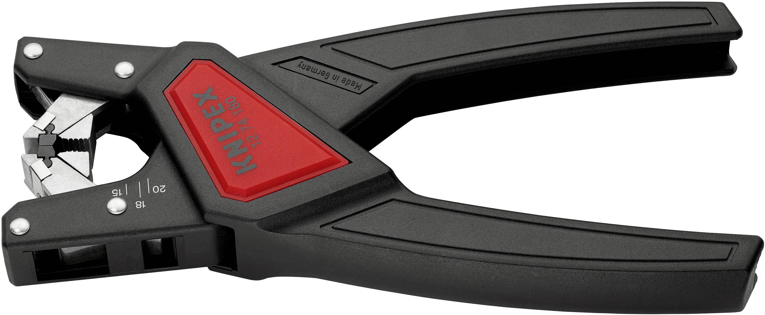 Sur l'image, on voit une pince à dénuder auto-ajustable Knipex 12 12 02 avec une poignée noire et un logo rouge, sur un fond blanc.