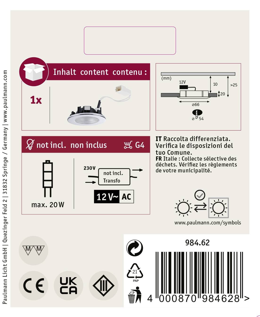 Spot encastrable, contient une unité centrale. 'Non inclus' symbolise l'absence de l'ampoule G4. Puissance max. 20W, 230V. Symboles de recyclage et de sécurité présents.