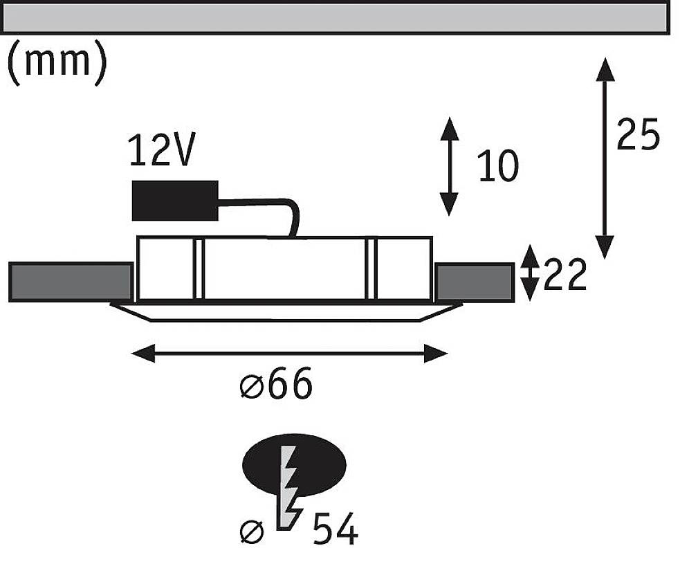 Diagramme montre les dimensions d'un appareil électrique : 12V, hauteur 25 mm, largeur 66 mm, profondeur 22 mm. Un symbole d'éclair de 54 mm de diamètre est représenté en bas.
