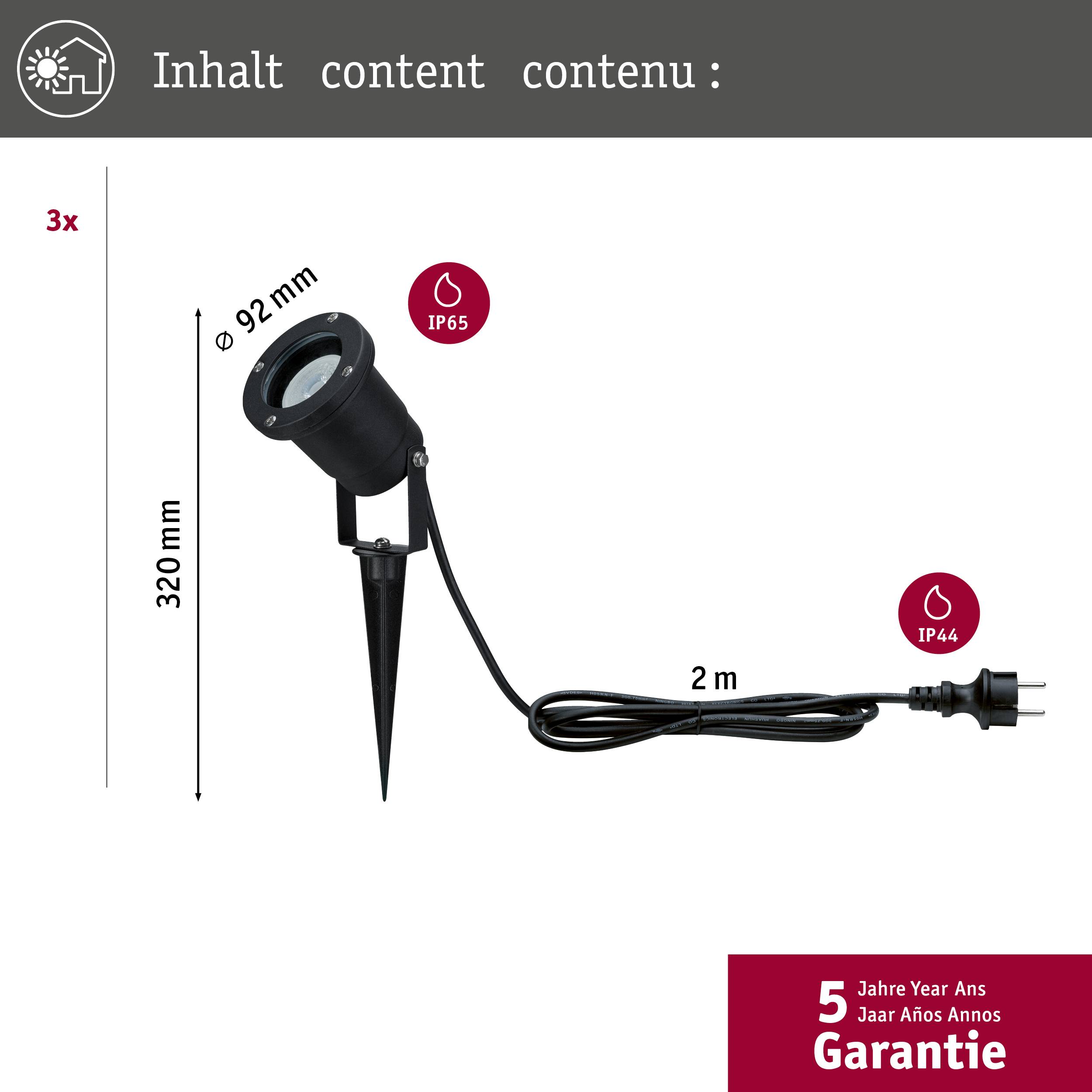 'Projecteur avec piquet de terre, IP65, diamètre de 92 mm, hauteur de 320 mm, câble de 2 m avec fiche IP44. Lot de 3 pièces. Garantie de 5 ans.'