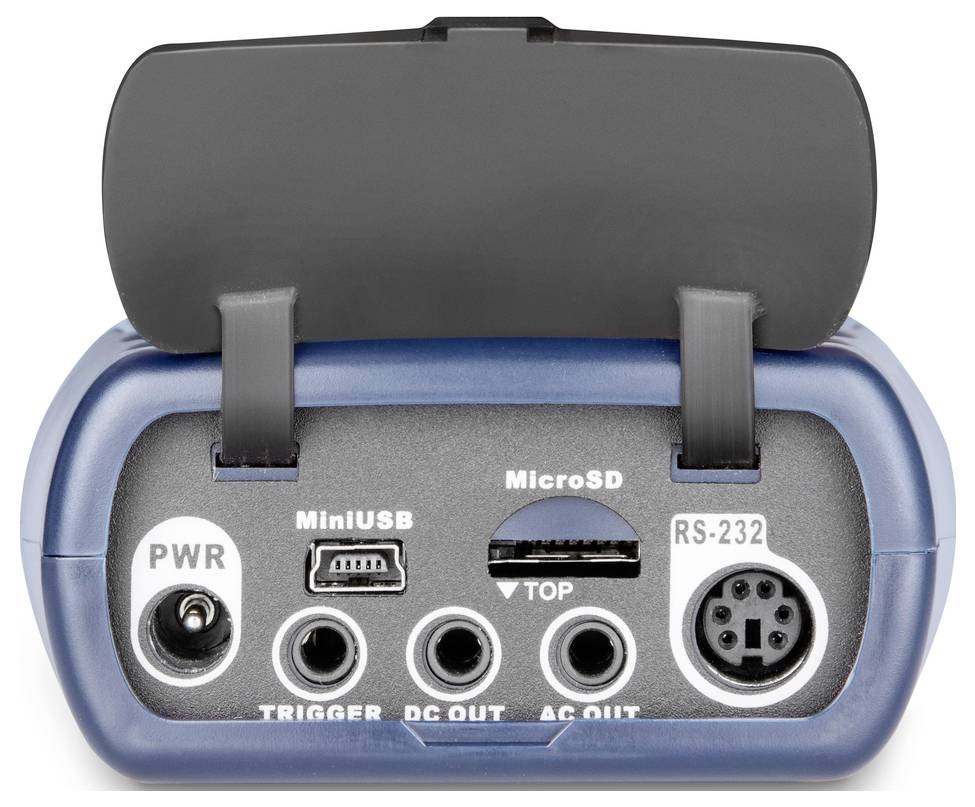 Interface de l'appareil avec les connexions : PWR, MiniUSB, MicroSD, TRIGGER, DC OUT, AC OUT, RS-232. Couvercle de protection noir ouvert.