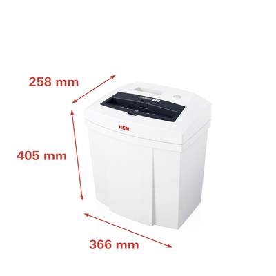 Destructeur de documents avec les dimensions 258 mm de largeur, 405 mm de hauteur et 366 mm de profondeur.