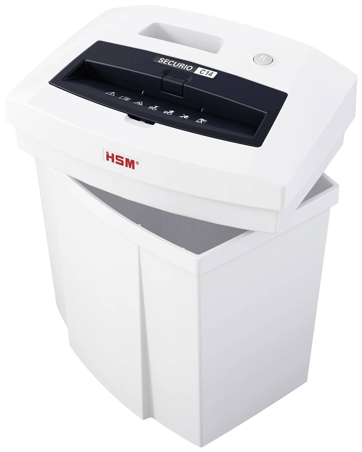 Un destructeur de documents blanc modèle 'HSM Securio C14' avec une corbeille ouverte et plusieurs débris de papier déchiquetés visibles.