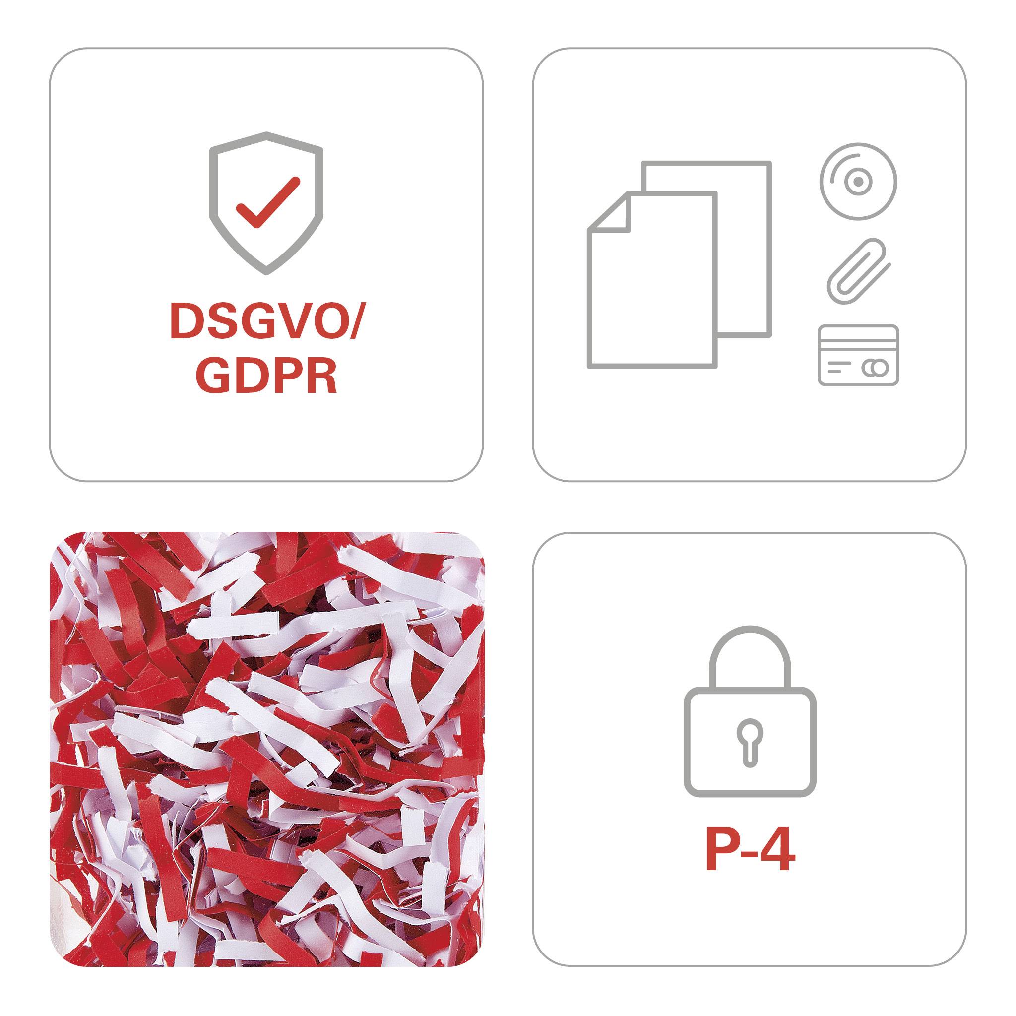 Symbole 'RGPD/GDPR' : Une coche dans un bouclier. Documents et carte : Symboles de protection des données. Confetti de papier rouge : Déchiqueté. Cadenas 'P-4' : Niveau de sécurité.