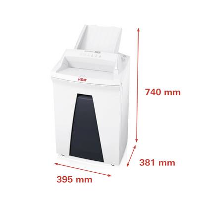 Un destructeur de documents blanc mesurant : hauteur 740 mm, largeur 395 mm, profondeur 381 mm. Le nom de marque 'HSM' est visible à l'avant.