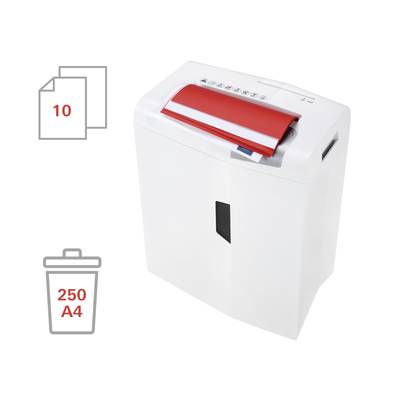 Un destructeur de documents blanc déchiquette des papiers rouges. Des symboles indiquent la capacité : 10 feuilles à la fois, 250 feuilles A4 dans le bac de récupération.