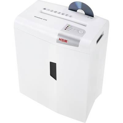 Un destructeur de documents blanc avec l'inscription 'HSM shredstar X10'. Il déchiquette le papier et les CD. Panneau de commande avec boutons et voyants lumineux en haut.
