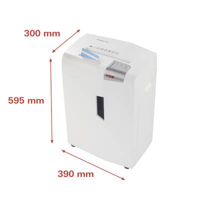 Un destructeur de documents blanc mesurant 300 mm x 390 mm x 595 mm. Des boutons de commande sont situés sur le dessus.